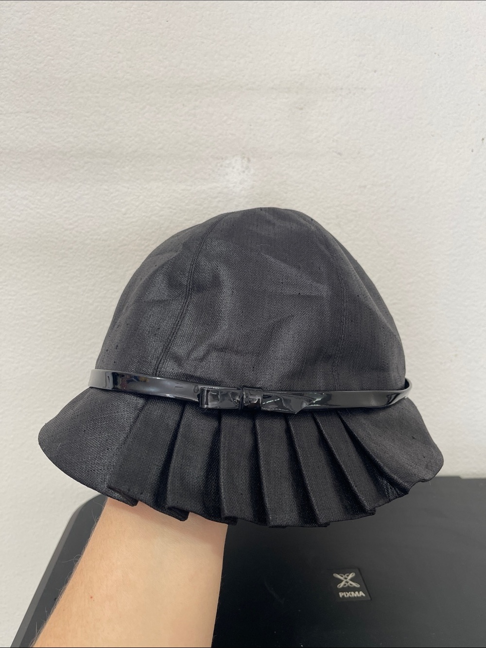 Eugenia Kim Black Pleated Bucket Hat with Patent Trim